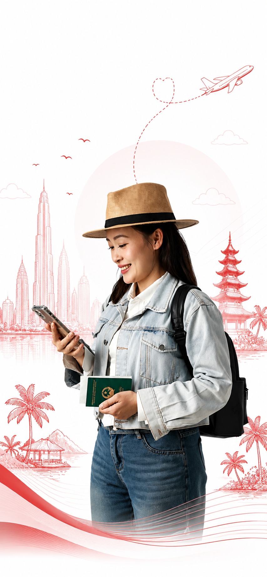 Traveller with passport and phone ready to explore