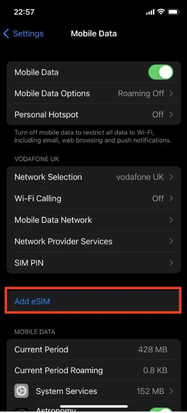 Open Mobile Data settings